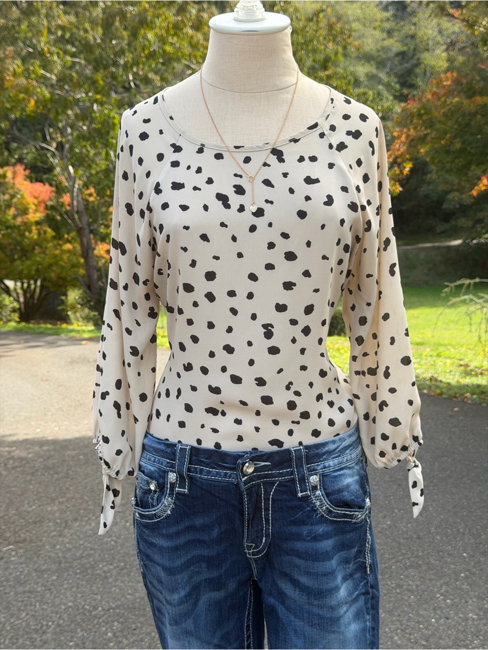 Cream and Black Dotted Tie-Sleeve Women's Top 🤍🖤
